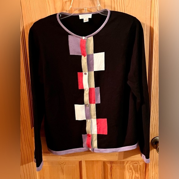 Christopher & Banks Black Cardigan w/Colorful Blocks Buttons SZ L Teacher Modest - Picture 7 of 17